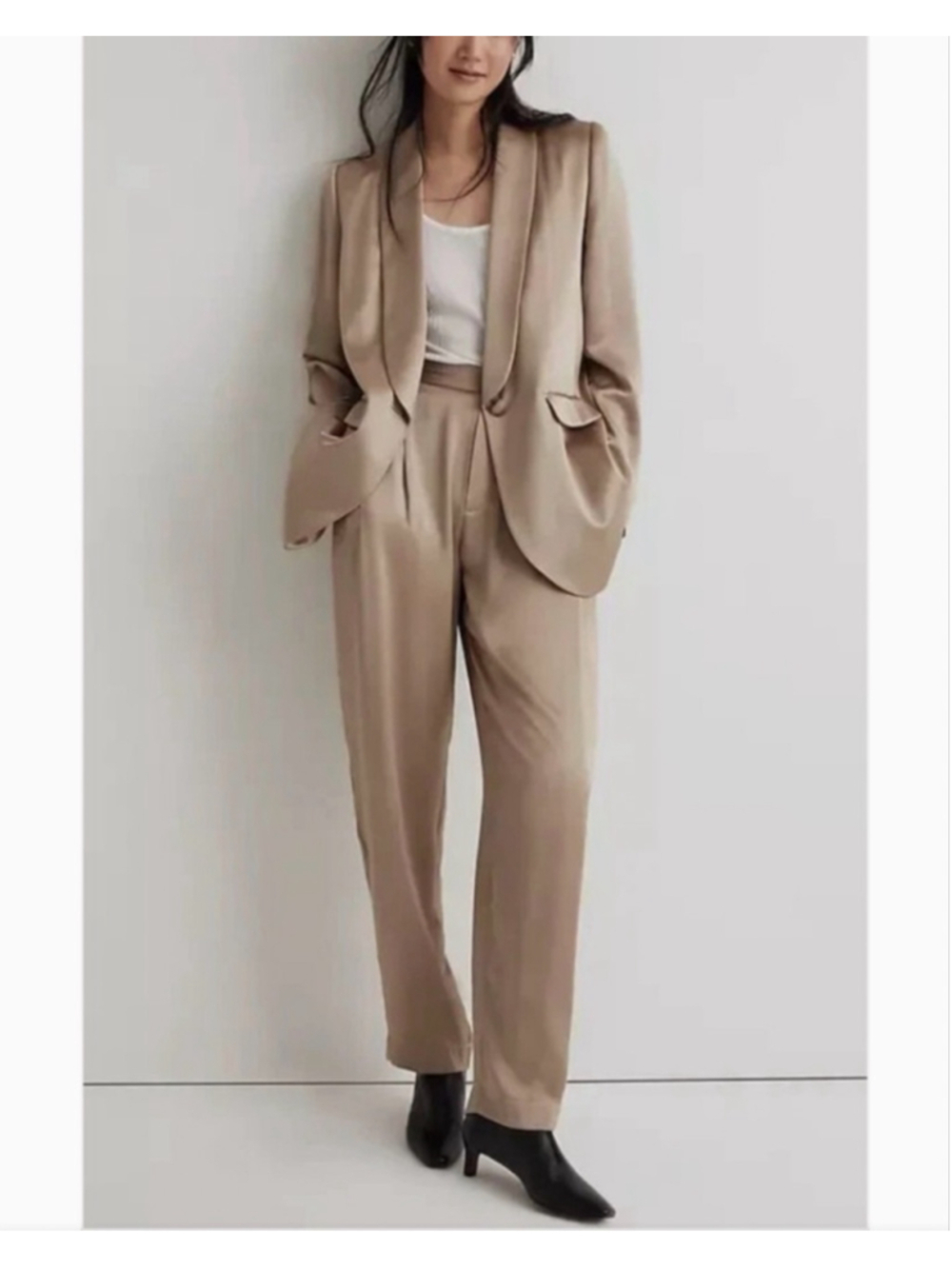 Women's Madewell The Relaxed Blazer Trousers Set Size 6 Beige Gold Satin NWT